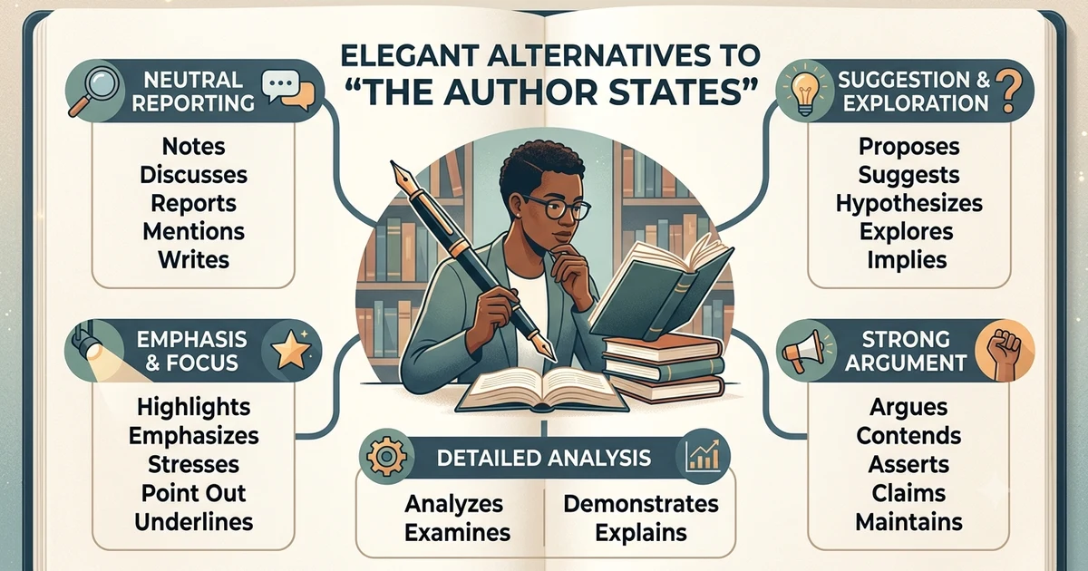 Other ways to say the author states shown in an academic writing document with reporting verbs highlighted on a laptop screen.